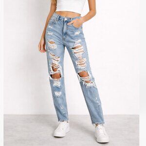 American Eagle AE High Rise Mom Jeans Distressed Ripped Light Wash Denim Size 6